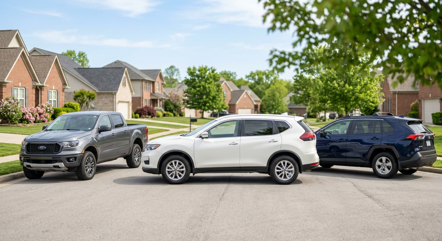 Three SUVs are parked on a suburban street in front of red brick houses. The vehicles, gray, white, and blue, are positioned in a V-shape on a sunny day.