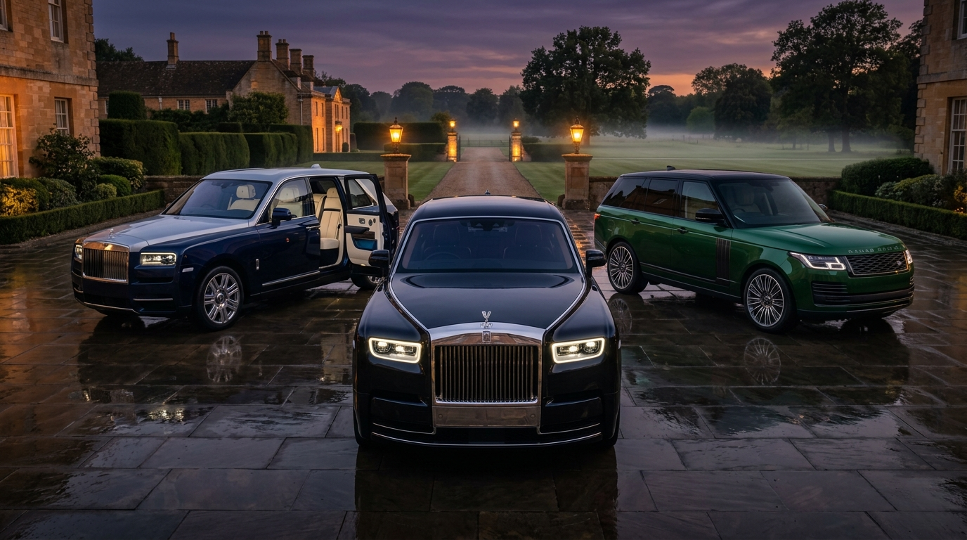 Luxurious scene at dusk with three high-end cars parked on a glossy driveway in front of a grand estate. The atmosphere is elegant and serene.