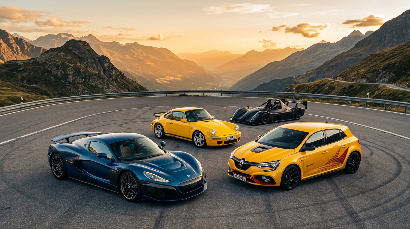 Four sports cars, including blue, yellow, and black models, are parked on a scenic mountain road at sunset, with dramatic peaks in the background.
