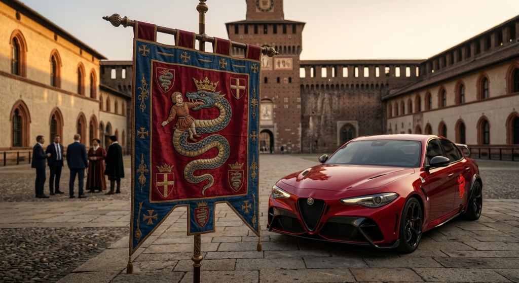 A red sports sedan parked in a historic courtyard at sunset, next to a medieval banner with a serpent emblem. People conversing in the background. Elegant and historic ambiance.