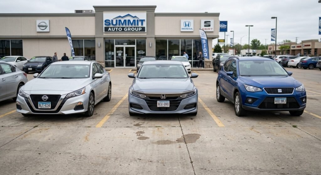 Three cars, a silver Nissan, a gray Honda, and a blue SUV, are parked in front of Summit Auto Group dealership. The scene conveys a sense of modernity and choice.