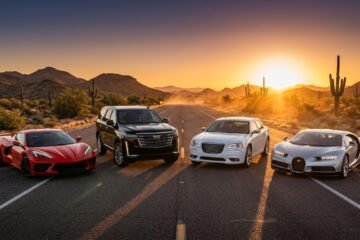 Four cars—a red sports car, a black SUV, a white sedan, and a silver supercar—are parked on a desert road at sunset, with cacti and mountains in the background.