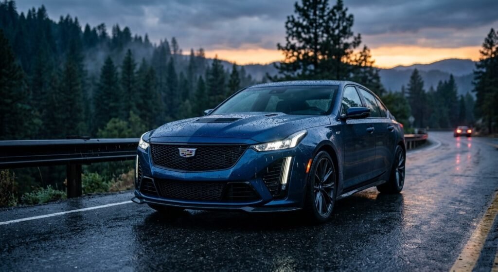 A sleek blue car with reflective headlights is parked on a wet mountain road. Pine trees and a misty orange sunset create a serene, moody backdrop.