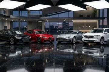 A sleek showroom features four cars: a black sedan, red sports car, silver coupe, and white SUV. Reflective floor, modern architecture, and large windows.